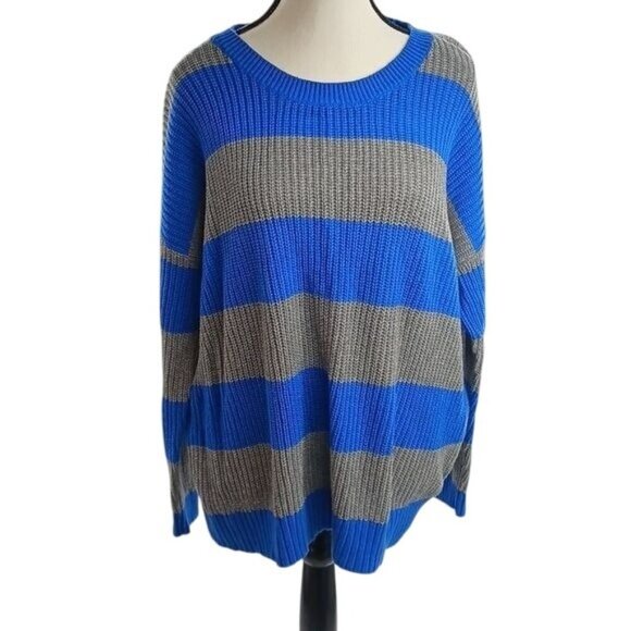 Torrid Womens 1X Blue Gray Striped Knit Pullover Sweater Long Sleeve Top - Picture 1 of 7